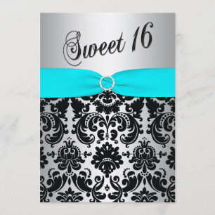 Aqua, Silver y Black Damask Sweet 16 invitaciones
