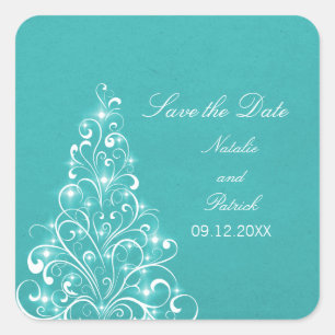Aqua Sparkly Holiday Tree Save the Date Pegatinas