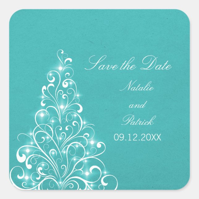Aqua Sparkly Holiday Tree Save the Date Pegatinas (Anverso)