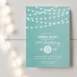 Aqua String ilumina la invitación a la fiesta de c<br><div class="desc">Moda diseño de invitación de fiesta de verano moderno con elegantes y sencillas lámparas de cuerda que cuelgan por encima y una elegante mezcla de fuentes de escritura modernas y caligráficas sobre un fondo de textura falso color de agua. Un diseño sencillo y elegante, perfecto para el verano. Haga clic...</div>