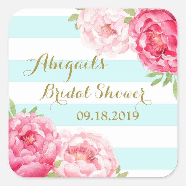 Aqua Stripes Pink Floral Bridal Shower Etiqueta Fa (Anverso)