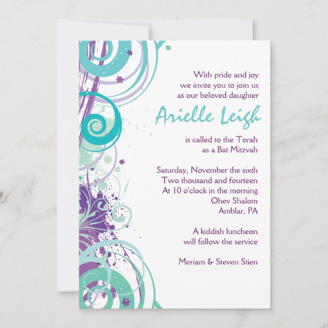 AQUA SWIRLS & STARS Bat Mitzvah Invitación (Anverso)