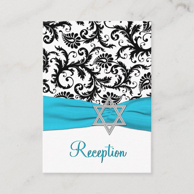 Aqua, tarjeta de gabinete Black Damask Bat Mitzvah (Anverso)