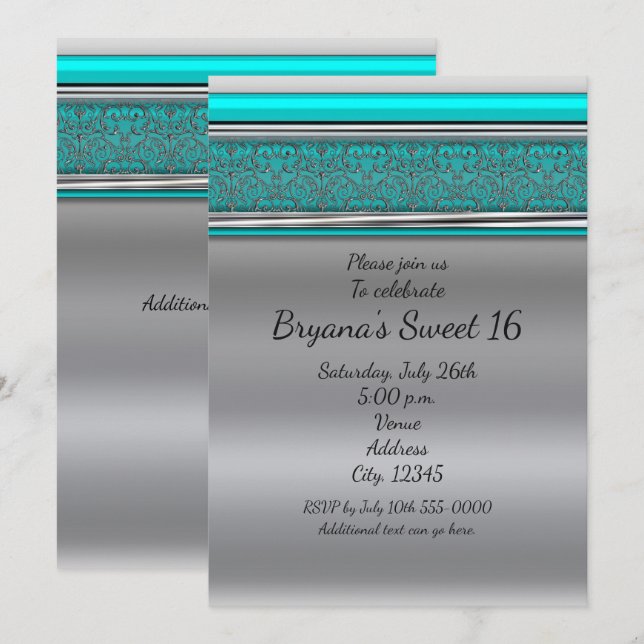 Aqua Turquoise Blue & Silver Sweet 16 Invitaciones (Anverso / Reverso)