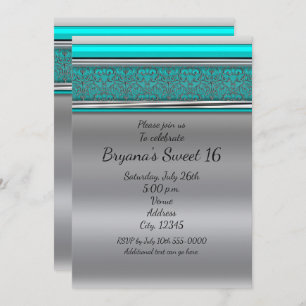 Aqua Turquoise Blue & Silver Sweet 16 Invitaciones