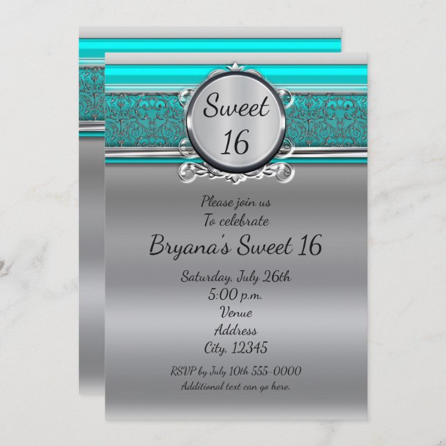 Aqua Turquoise Blue & Silver Sweet 16 Invitaciones (Anverso / Reverso)