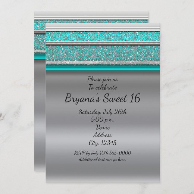 Aqua Turquoise Blue & Silver Sweet 16 Invitaciones (Anverso / Reverso)