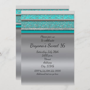 Aqua Turquoise Blue & Silver Sweet 16 Invitaciones