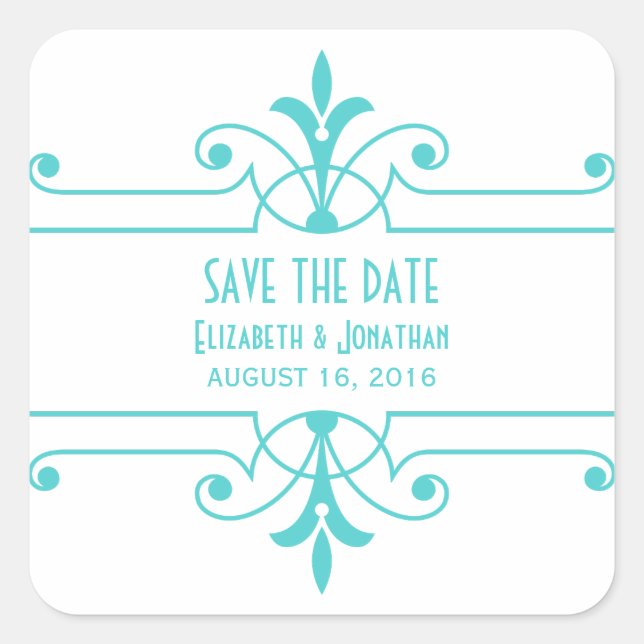 Aqua v2 Fancy Ornamental Save the Date Pegatinas (Anverso)