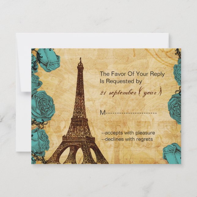aqua vintage eiffel tower Paris boda rsvp (Anverso)