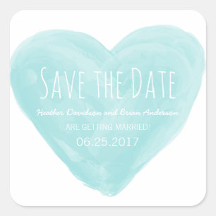 Aqua Watercolor Heart Save the Date Pegatinas