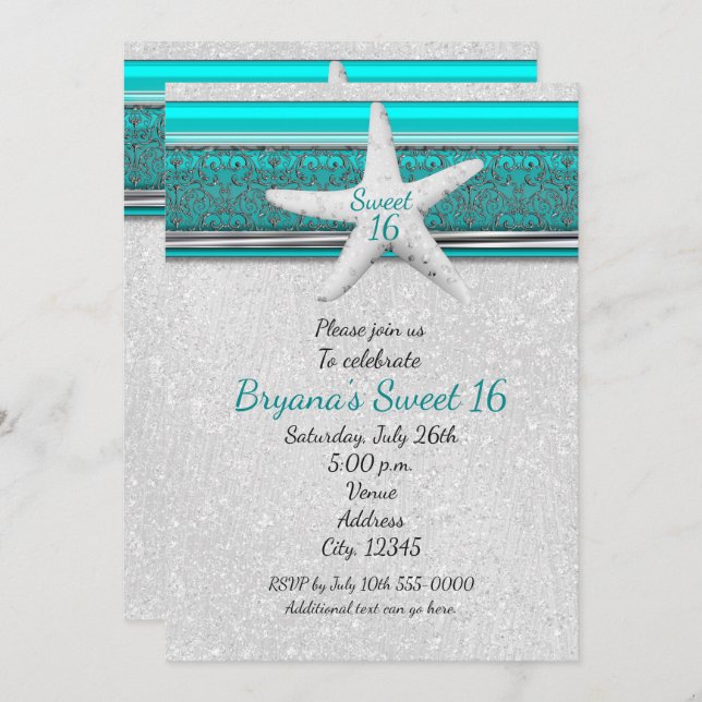 Aqua & White Starfish Beach Sweet 16 Invitaciones (Anverso / Reverso)