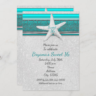 Aqua & White Starfish Beach Sweet 16 Invitaciones