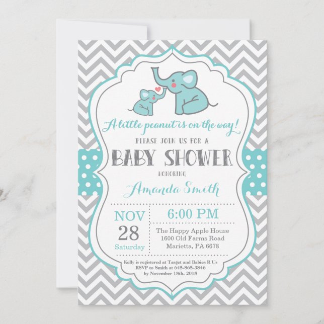 Aqua y gris de la invitación a la Baby Shower para (Anverso)
