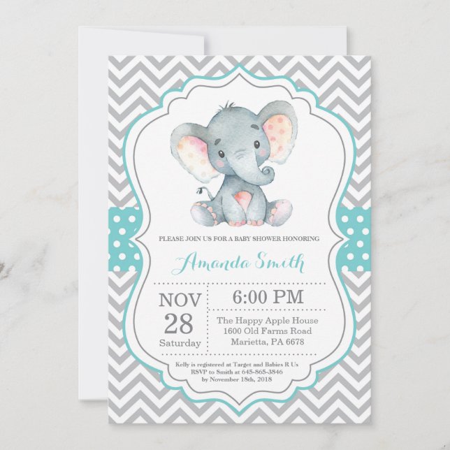 Aqua y gris de la invitación a la Baby Shower para (Anverso)