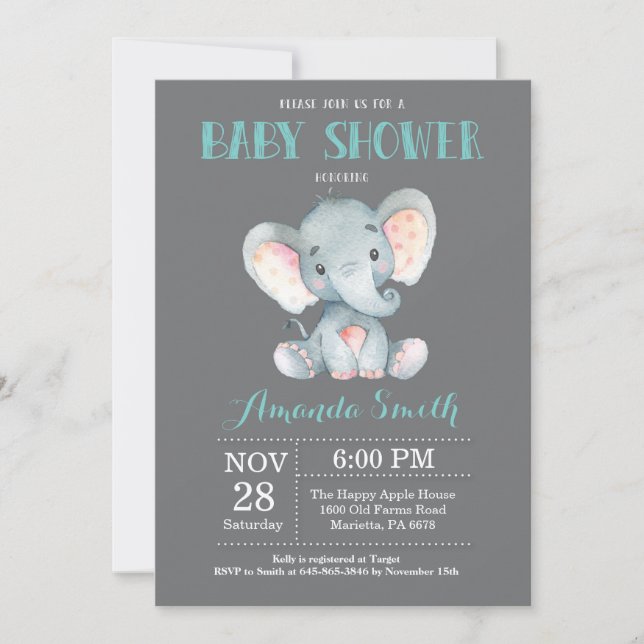 Aqua y gris de la invitación a la Baby Shower para (Anverso)