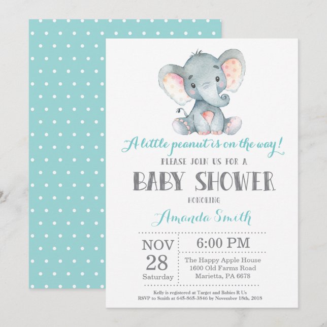 Aqua y gris de la invitación a la Baby Shower para (Anverso / Reverso)
