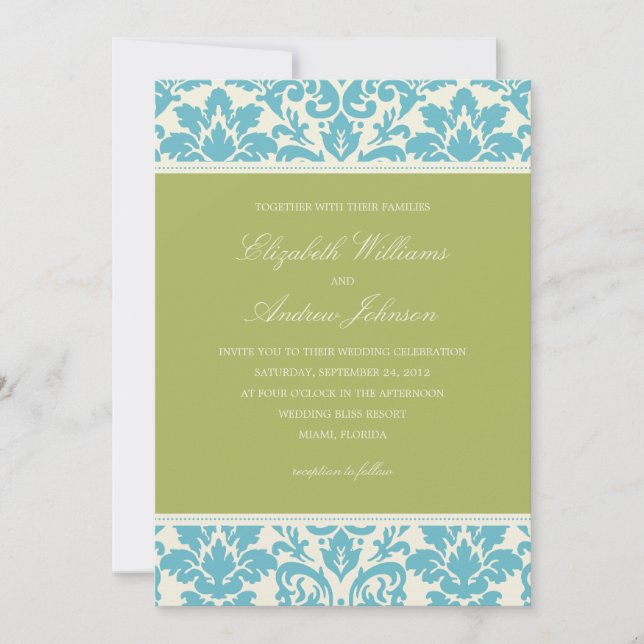 AQUA Y LIME DAMASK| INVITACIÓN DE BODA (Anverso)