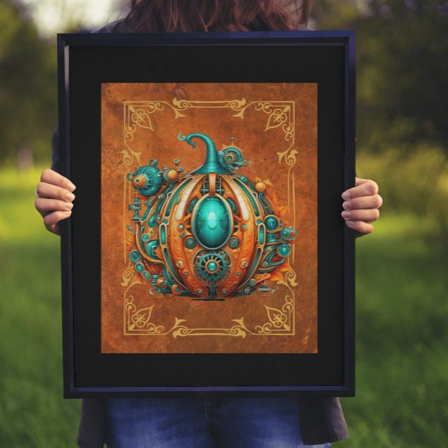 Aqua y Naranja Steampunk Pumpkin Arte Digital (As shown: 16x20 print with black mat & frame)