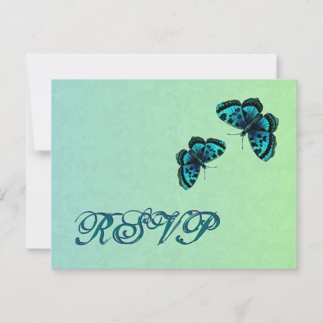 Aqua y Verde azulada mariposa Damask RSVP Boda (Anverso)