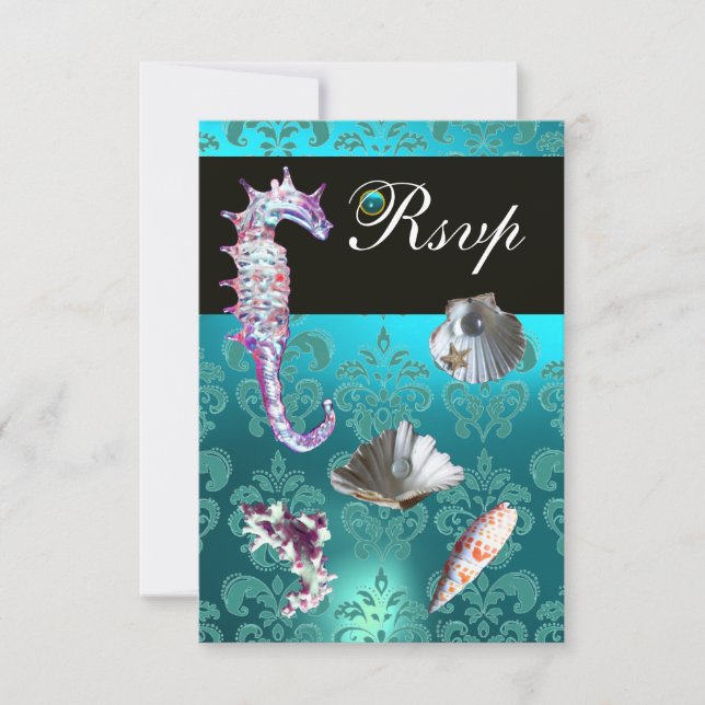 AQUAMARINE AZUL DAMASK BEACH WEDDING RSVP (Anverso)