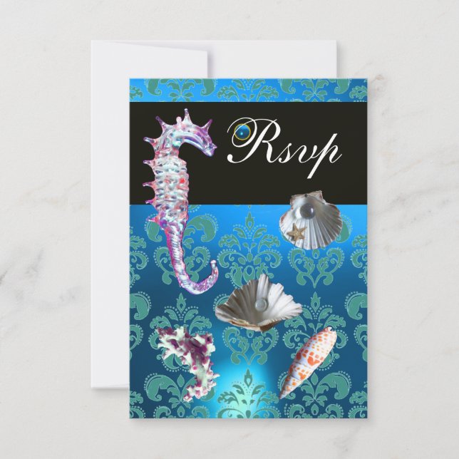 AQUAMARINE AZUL DAMASK BEACH WEDDING RSVP (Anverso)