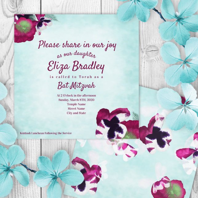 Aquamarine, Magenta Pansies Bat Mitzvah Invitación (turquoise, violet purple summer floral bat mitzvah invitation, violet pink script calligraphy)