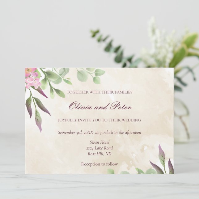 Aquarelle elegante invitación a la boda floral (Anverso de pie)