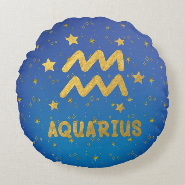 Aquarius Zodiac Almohada redonda de oro y azul (Anverso)