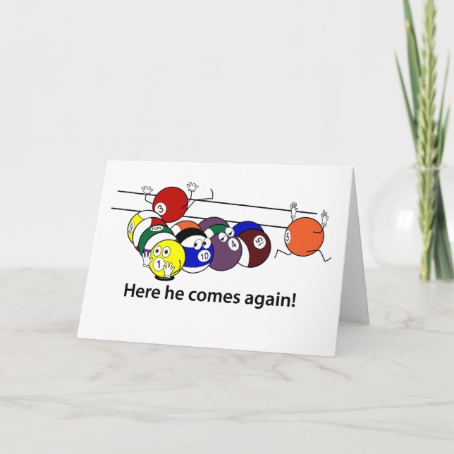 Aquí él viene tarjeta de felicitación (Anverso)