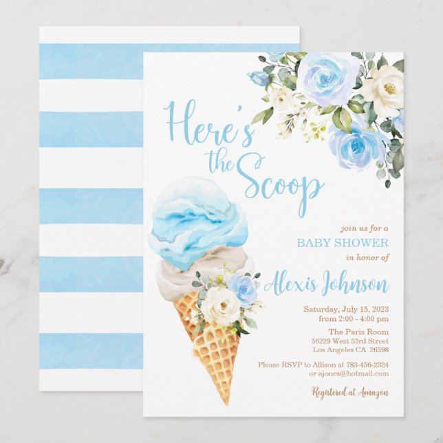 Aquí está la invitación a Scoop Baby Shower (Boy) (Anverso / Reverso)