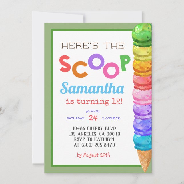 Aquí está la invitación al cumpleaños de Scoop Ice (Anverso)