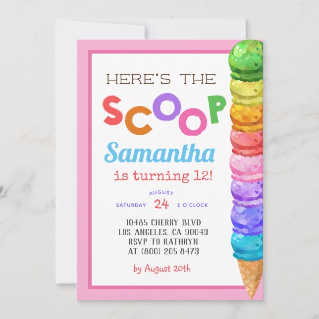 Aquí está la invitación al cumpleaños de Scoop Ice (Anverso)