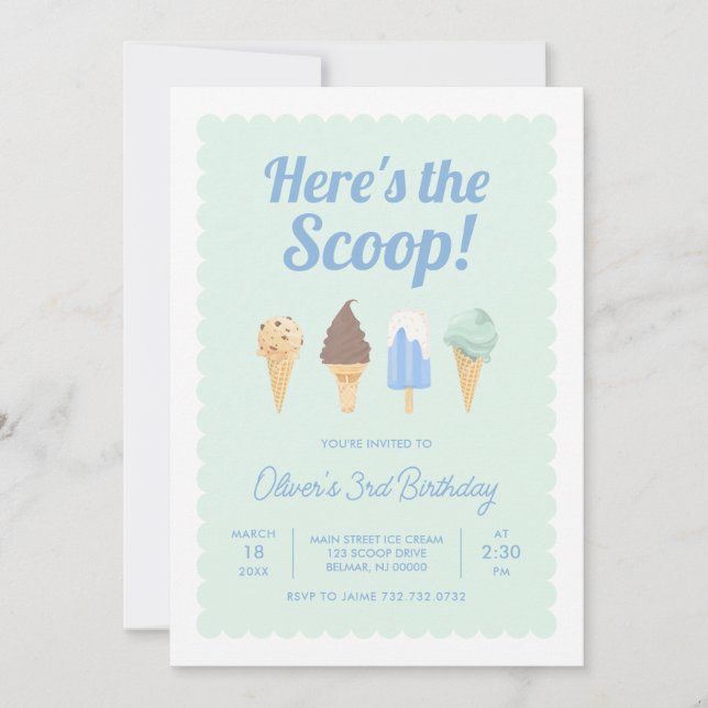 Aquí está la invitación al cumpleaños de Scoop Ice (Anverso)