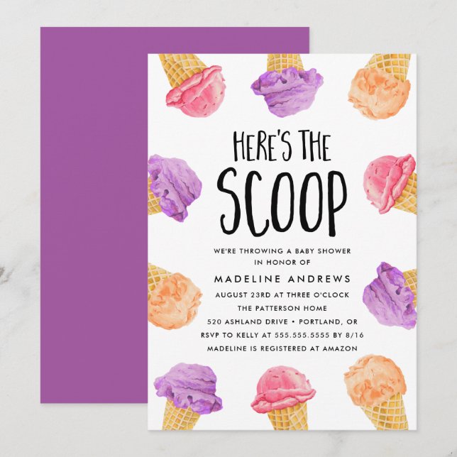Aquí está la invitación de Baby Shower de The Scoo (Anverso / Reverso)