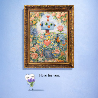 Aquí para Ti – Tarjeta de Arte de Robot Floral