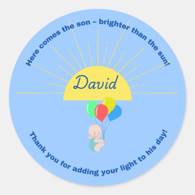 Aquí viene el Pegatina de Baby Shower del hijo (Anverso)