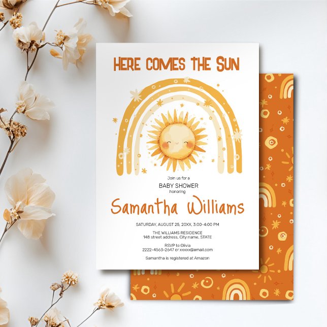 Aquí viene la invitación a la ducha de bebé Sun (Here comes the Sun watercolor cute baby shower invitation )