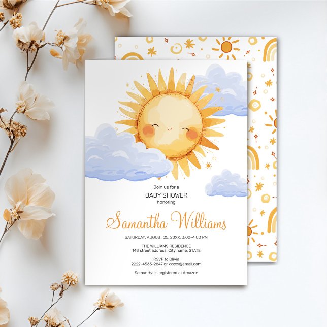 Aquí viene la invitación a la ducha de bebé Sun (Here comes the Sun watercolor cute baby shower invitation )