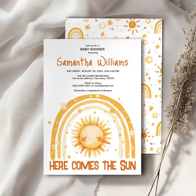 Aquí viene la invitación a la ducha de bebé Sun (Here comes the Sun watercolor cute baby shower invitation )