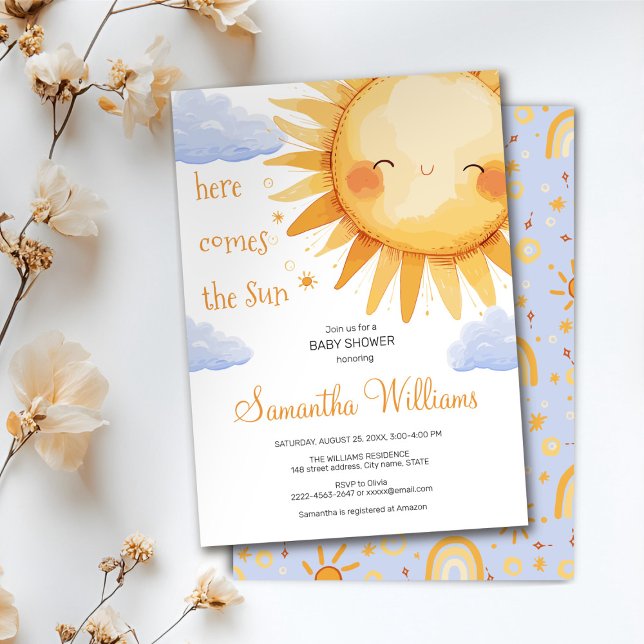 Aquí viene la linda invitación de Baby Shower de S (Here comes the Sun watercolor cute baby shower invitation )