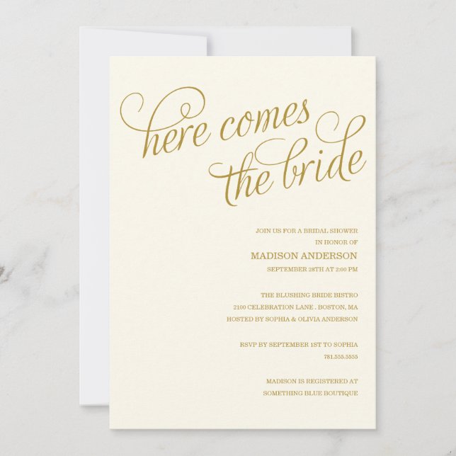AQUÍ VIENE LA NOVIA| INVITACIÓN DE DUCHA BRIDAL (Anverso)