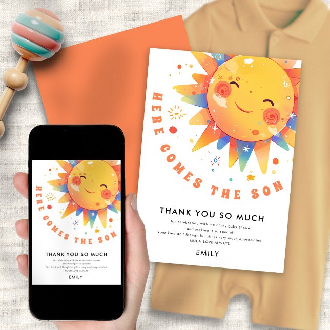 Aquí Viene La Tarjeta De Agradecimiento Baby Showe (Front and back view. Available digitally and printed)