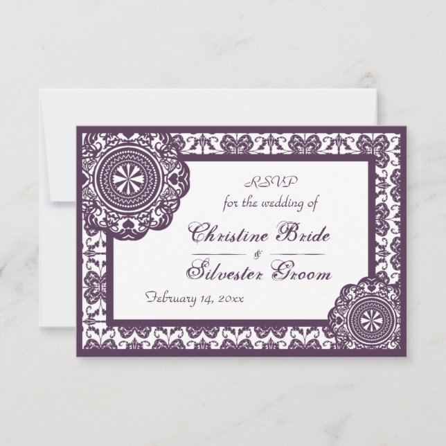 Arabesque Morado Encaje, 3.5" x 5" RSVP de boda (Anverso)