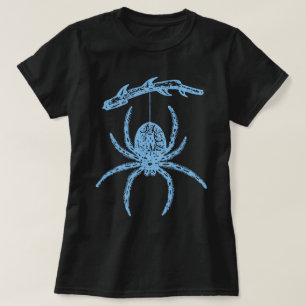 Araña azul colgando de la camiseta de la rama