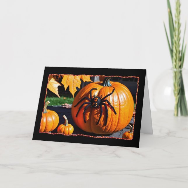 Araña en la tarjeta Halloween de calabaza (Anverso)