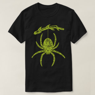 Araña verde colgando de la camiseta de rama