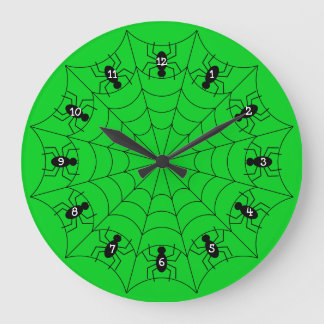 Arañas en un reloj de telaraña en verde