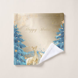 Árbol azul de Navidad, renos dorados, copos de nie