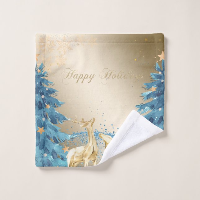 Árbol azul de Navidad, renos dorados, copos de nie (Toallita)